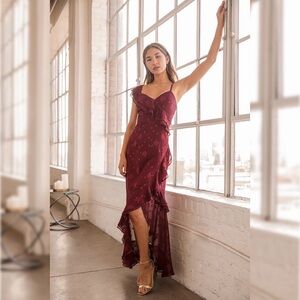 LULUS Forever Be Burgundy Floral Jacquard Ruffled maxi dress
